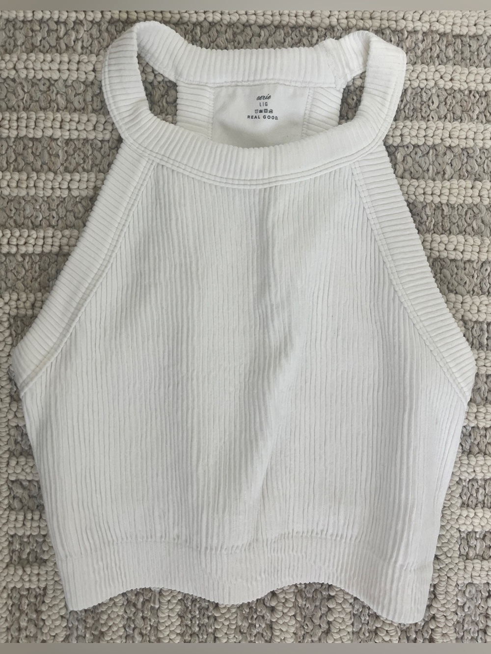 Aerie Real Good Superchill Seamless High Neck Bra Top white Ribbed Size large